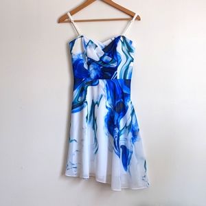 Le Château Midi Dress in White with Blue-Green Watercolour Effect